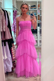 Hot Pink Straps Tiered A-Line Long Prom Dress