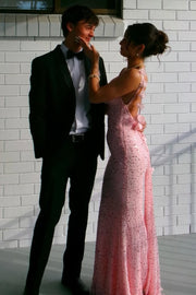 Pink Sparkly Spaghetti Straps Sequined Backless Mermaid Long Prom Dress