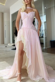 Pink Strapless A-Line High Slit Ruffles Long Prom Dress