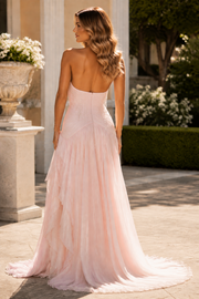 Pink Strapless A-Line High Slit Ruffles Long Prom Dress