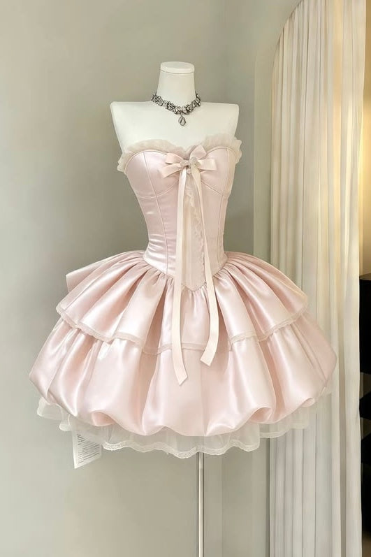Pink Strapless Bow Mini Dress Corset Bubble Homecoming Dress