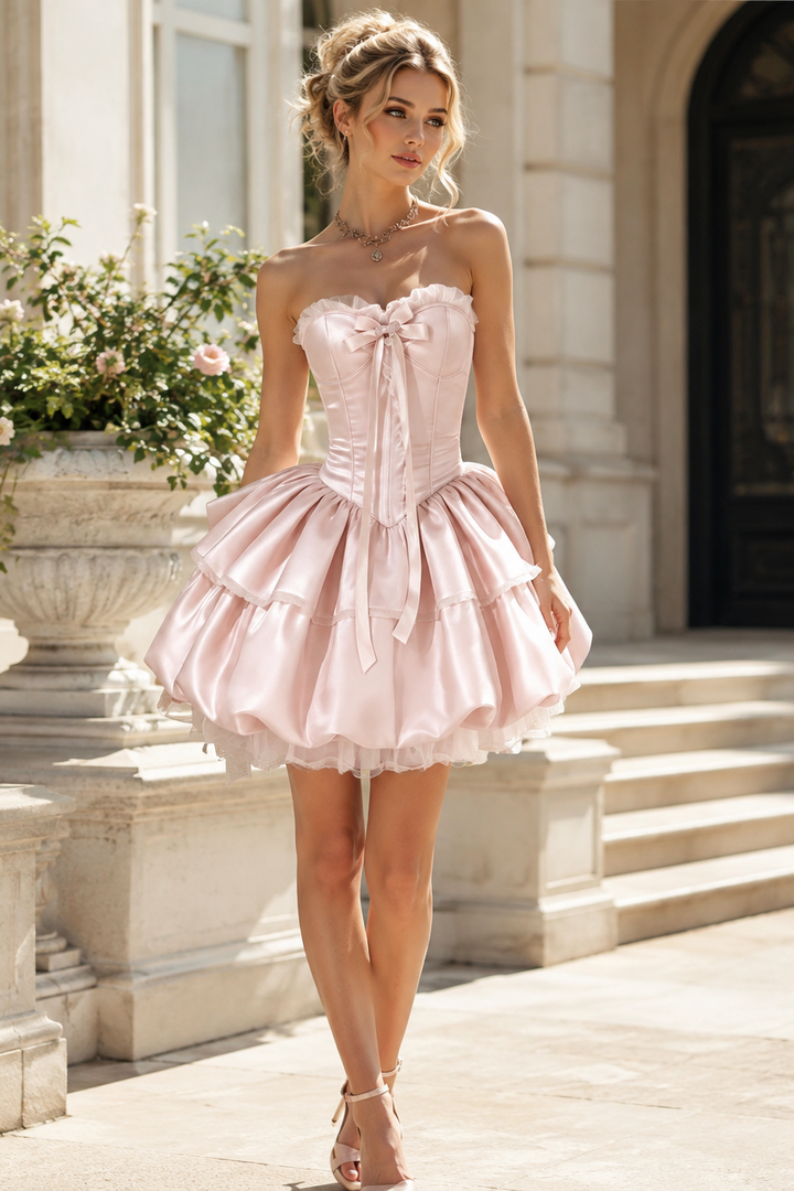 Pink Strapless Bow Mini Dress Corset Bubble Homecoming Dress