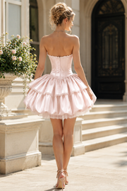 Pink Strapless Bow Mini Dress Corset Bubble Homecoming Dress