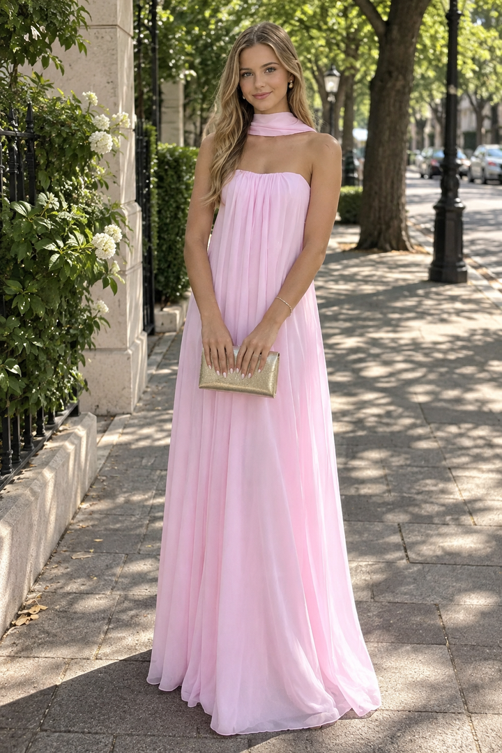Pink Strapless Chiffon Sleeveless Long Prom Formal Dress