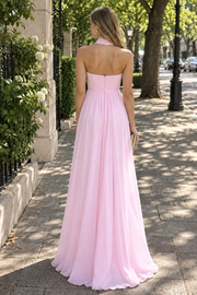 Pink Strapless Chiffon Sleeveless Long Prom Formal Dress