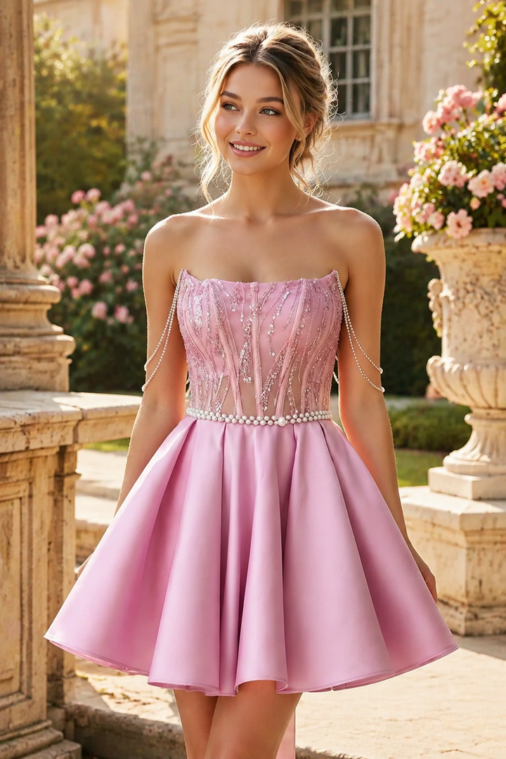 Pink Strapless Empire-Waist A-Line Short Homecoming Dress with Bow