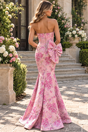 Pink Strapless Jacquard Mermaid Sleeveless Long Prom Dress with Bow