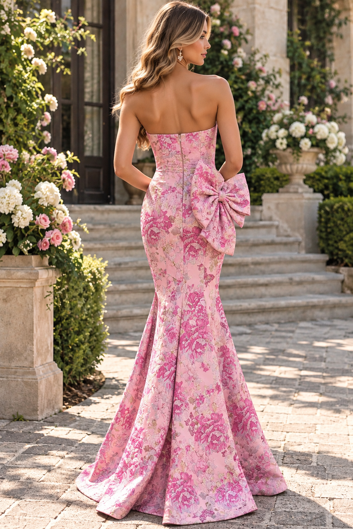 Pink Strapless Jacquard Mermaid Sleeveless Long Prom Dress with Bow