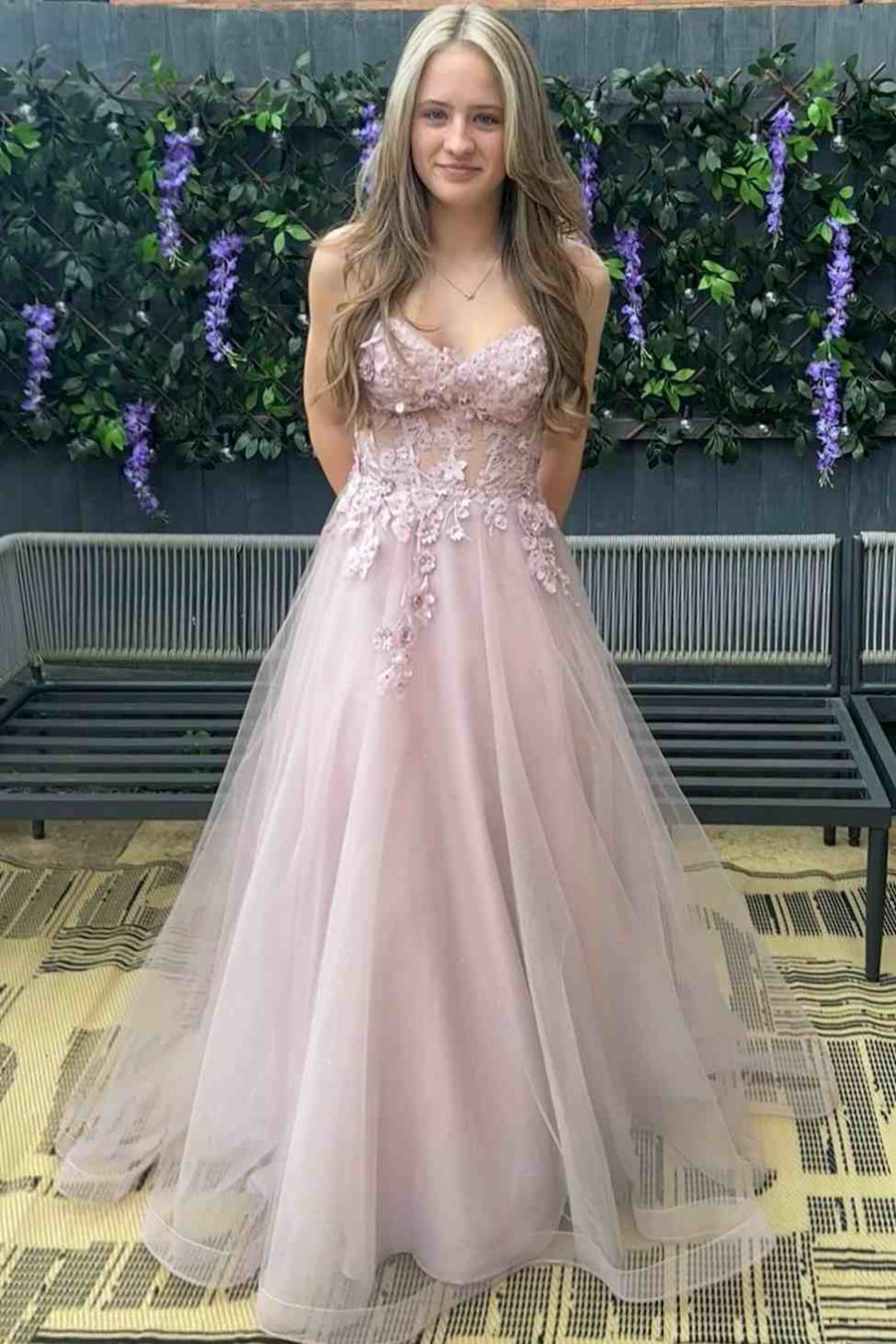 A-Line Strapless V-Neck 3D Floral Sleeveless Tulle Pink Long Prom Dress