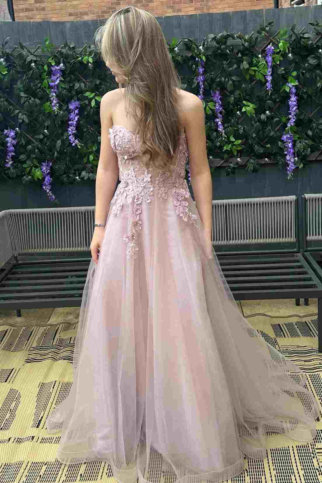 A-Line Strapless V-Neck 3D Floral Sleeveless Tulle Pink Long Prom Dress