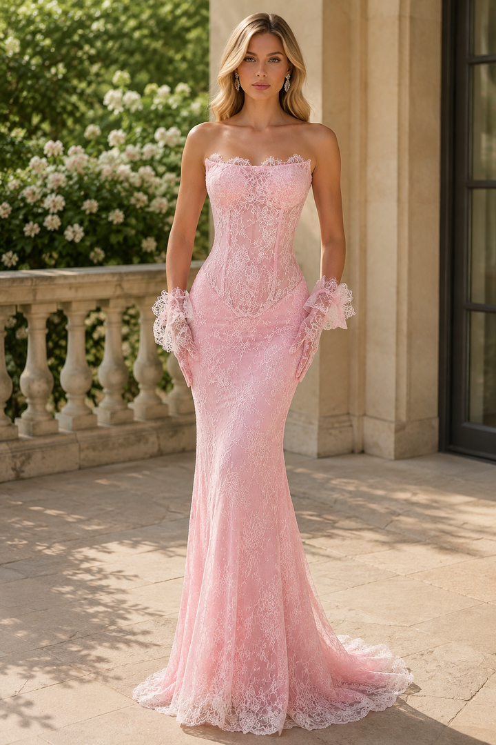 Pink Strapless Scoop Neck Mermaid Lace Sleeveless Long Prom Dress