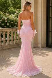 Pink Strapless Scoop Neck Mermaid Lace Sleeveless Long Prom Dress