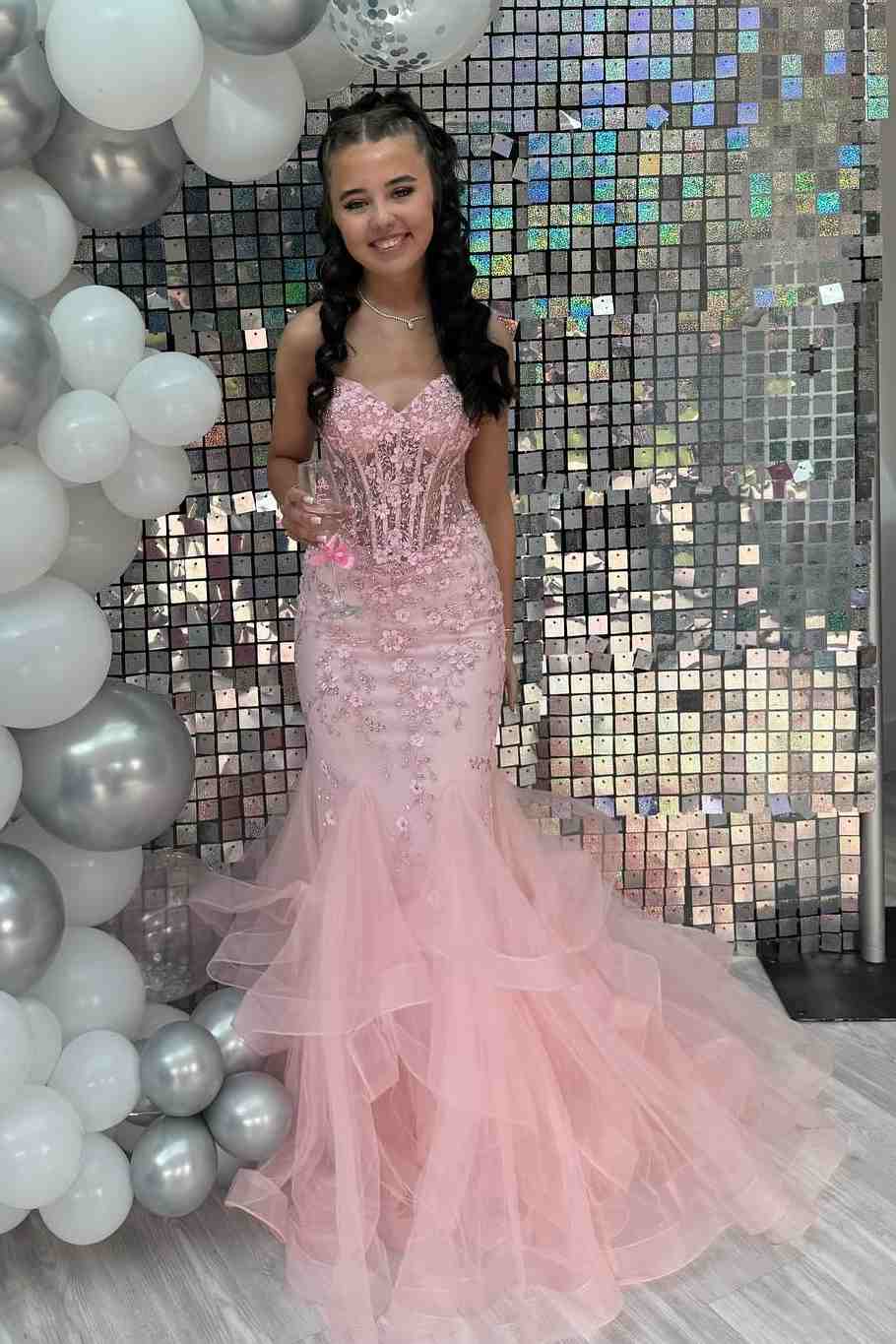 Pink Strapless Sleeveless Appliques Mermaid Ruffles Long Prom Dress