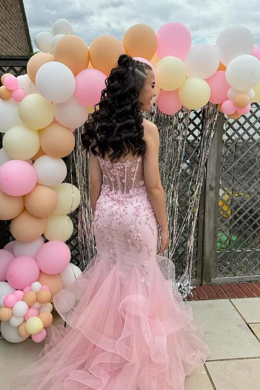 Pink Strapless Sleeveless Appliques Mermaid Ruffles Long Prom Dress