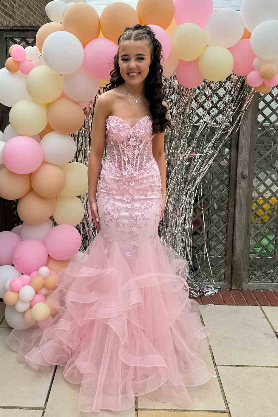 Pink Strapless Sleeveless Appliques Mermaid Ruffles Long Prom Dress ...