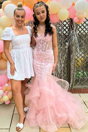 Pink Strapless Sleeveless Appliques Mermaid Ruffles Long Prom Dress