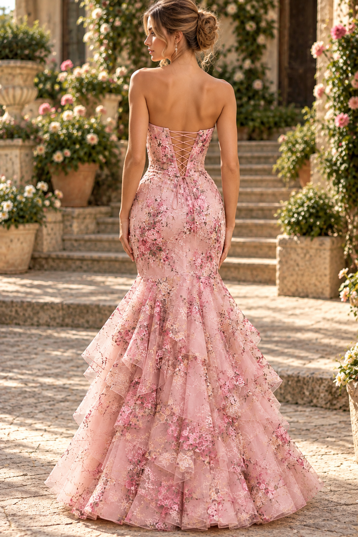 Pink Strapless Sweetheart Floral Appliques Ruffles Mermaid Long Prom Dress