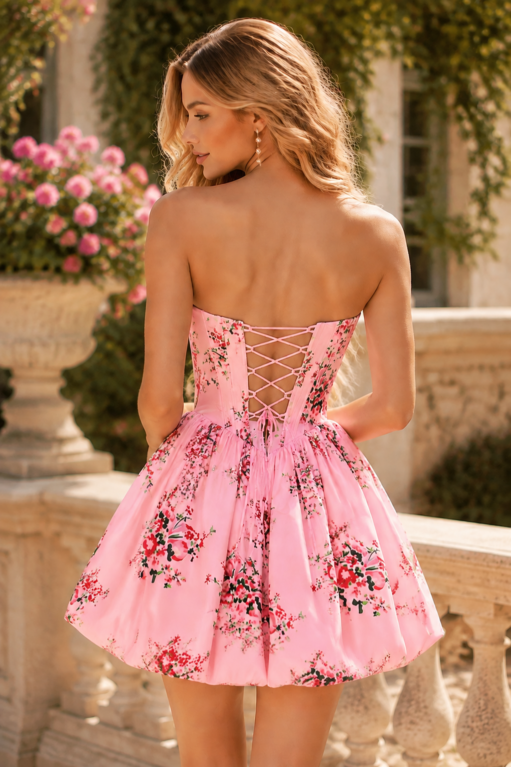 Pink Sweetheart A-Line Print Strapless Bubble Short Homecoming Dress