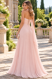 Pink Sweetheart A-Line Strapless Pleated Chiffon Sleeveless Prom Formal Dress