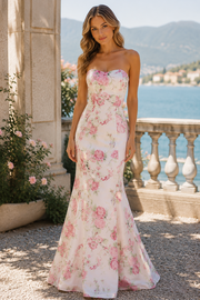 Pink Sweetheart Strapless Print Mermaid Sleeveless Long Prom Dress