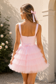Pink Tulle Homecoming Mini Dress with Tiered Ruffle Skirt and Bow