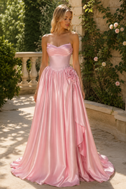 Pink V-Neck Strapless A-Line Empire-Waist Pleated Prom Evening Dress with Beads