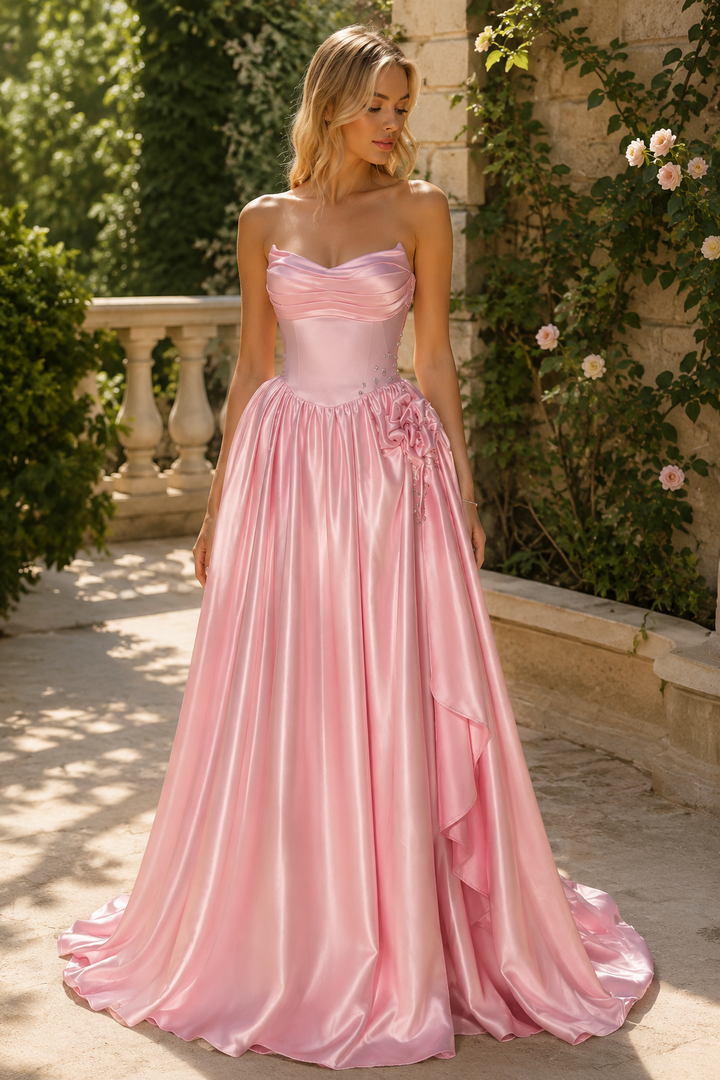 Pink V-Neck Strapless A-Line Empire-Waist Pleated Prom Evening Dress with Beads