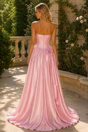 Pink V-Neck Strapless A-Line Empire-Waist Pleated Prom Evening Dress with Beads