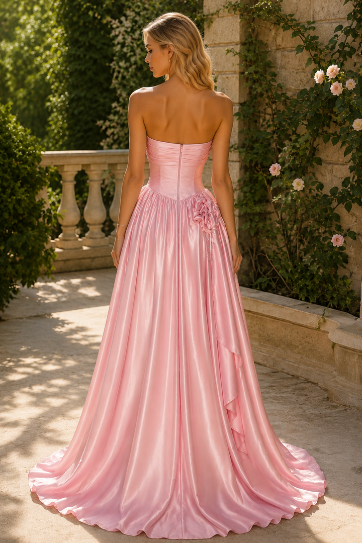 Pink V-Neck Strapless A-Line Empire-Waist Pleated Prom Evening Dress with Beads