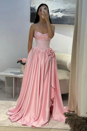Pink V-Neck Strapless A-Line Empire-Waist Pleated Prom Evening Dress with Beads