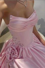 Pink V-Neck Strapless A-Line Empire-Waist Pleated Prom Evening Dress with Beads