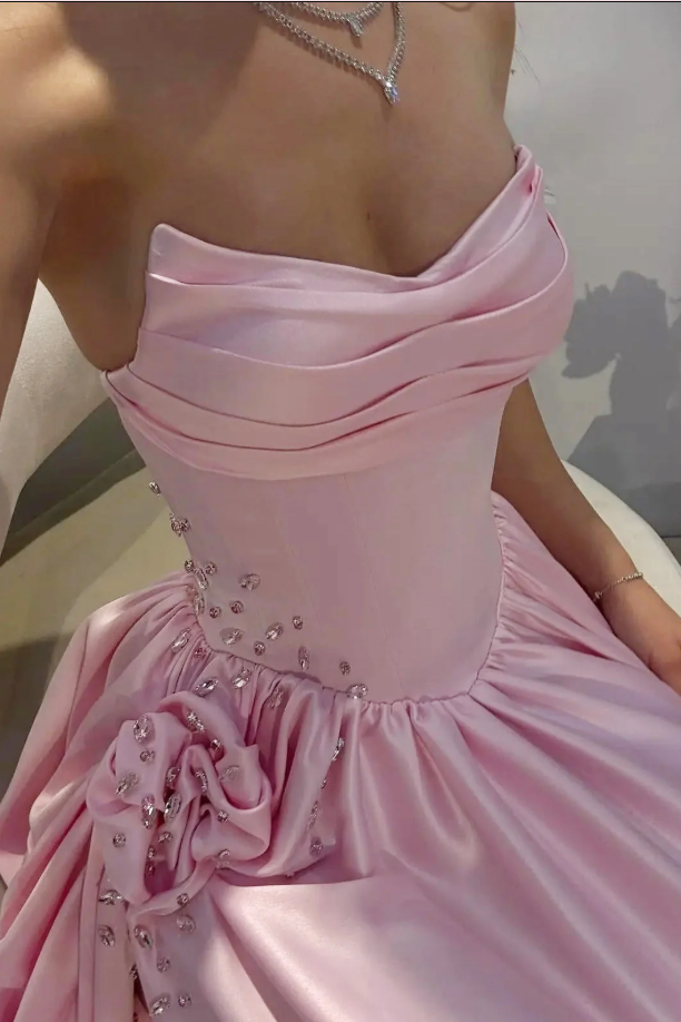 Pink V-Neck Strapless A-Line Empire-Waist Pleated Prom Evening Dress with Beads