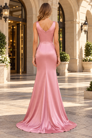 Pink V-Neck Straps Pleats Satin 3D Flower Mermaid Evening Prom Dress with Slit