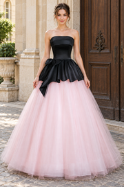 Pink&Black Color Blocking A-Line Strapless Tulle Empire-Waist Long Prom Dress