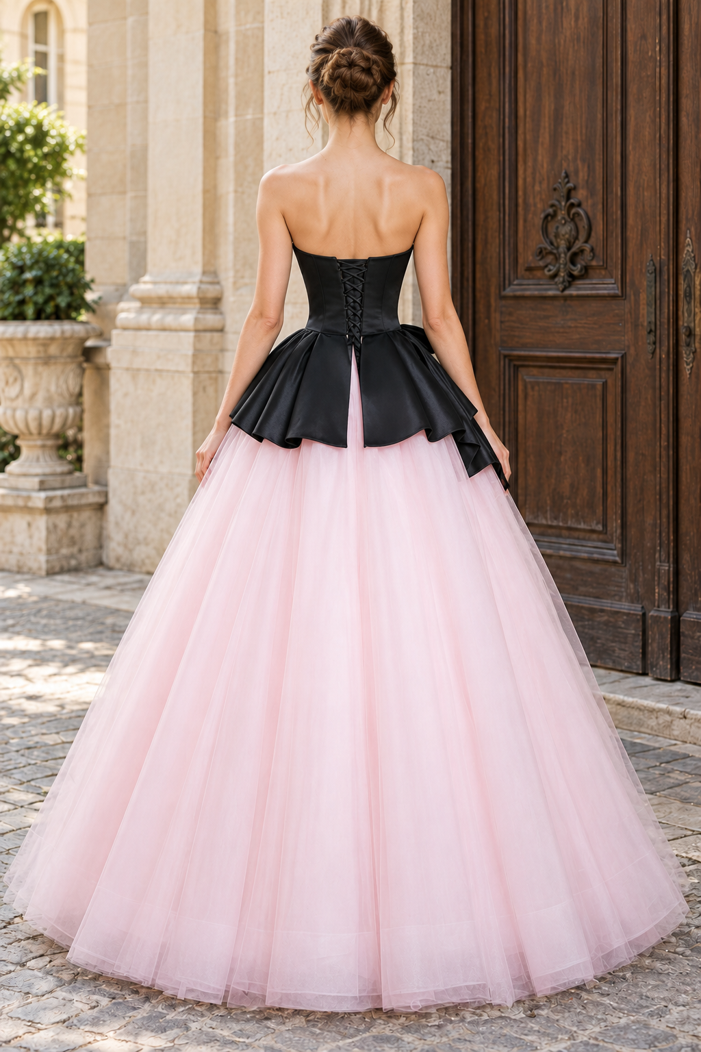 Pink&Black Color Blocking A-Line Strapless Tulle Empire-Waist Long Prom Dress