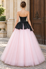 Pink&Black Color Blocking A-Line Strapless Tulle Empire-Waist Long Prom Dress