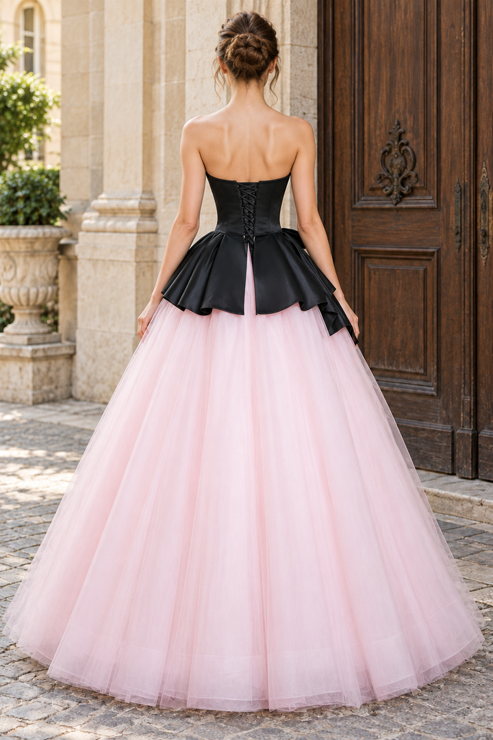 Pink&Black Color Blocking A-Line Strapless Tulle Empire-Waist Long Prom Dress