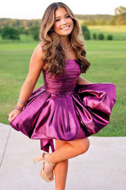 Purple A-Line Metallic Strapless Pleated Short Homecoming Dress 