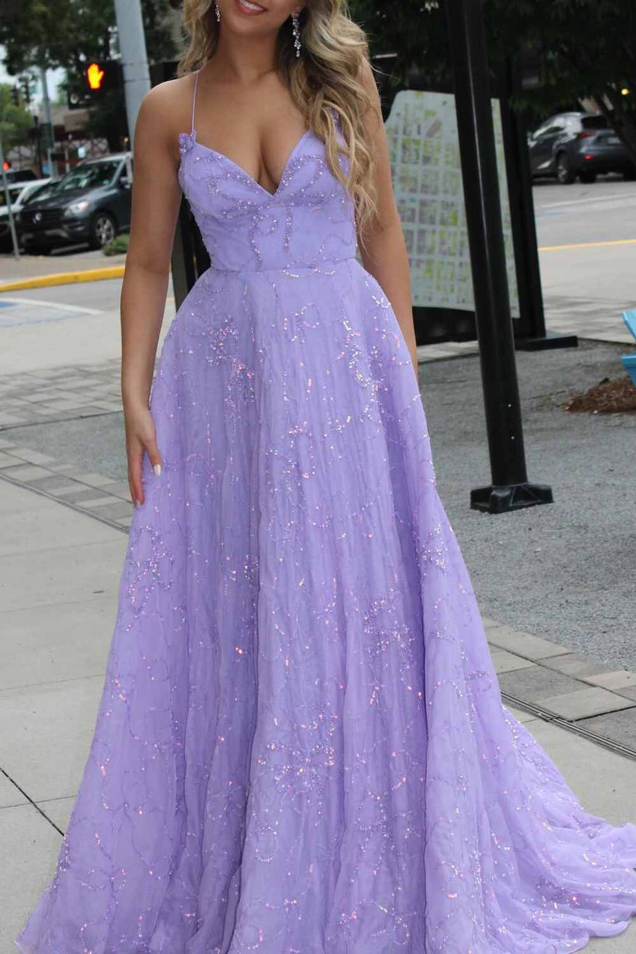 Lilac Spaghetti Straps V-Neck Appliques Tulle  Long Prom Dress