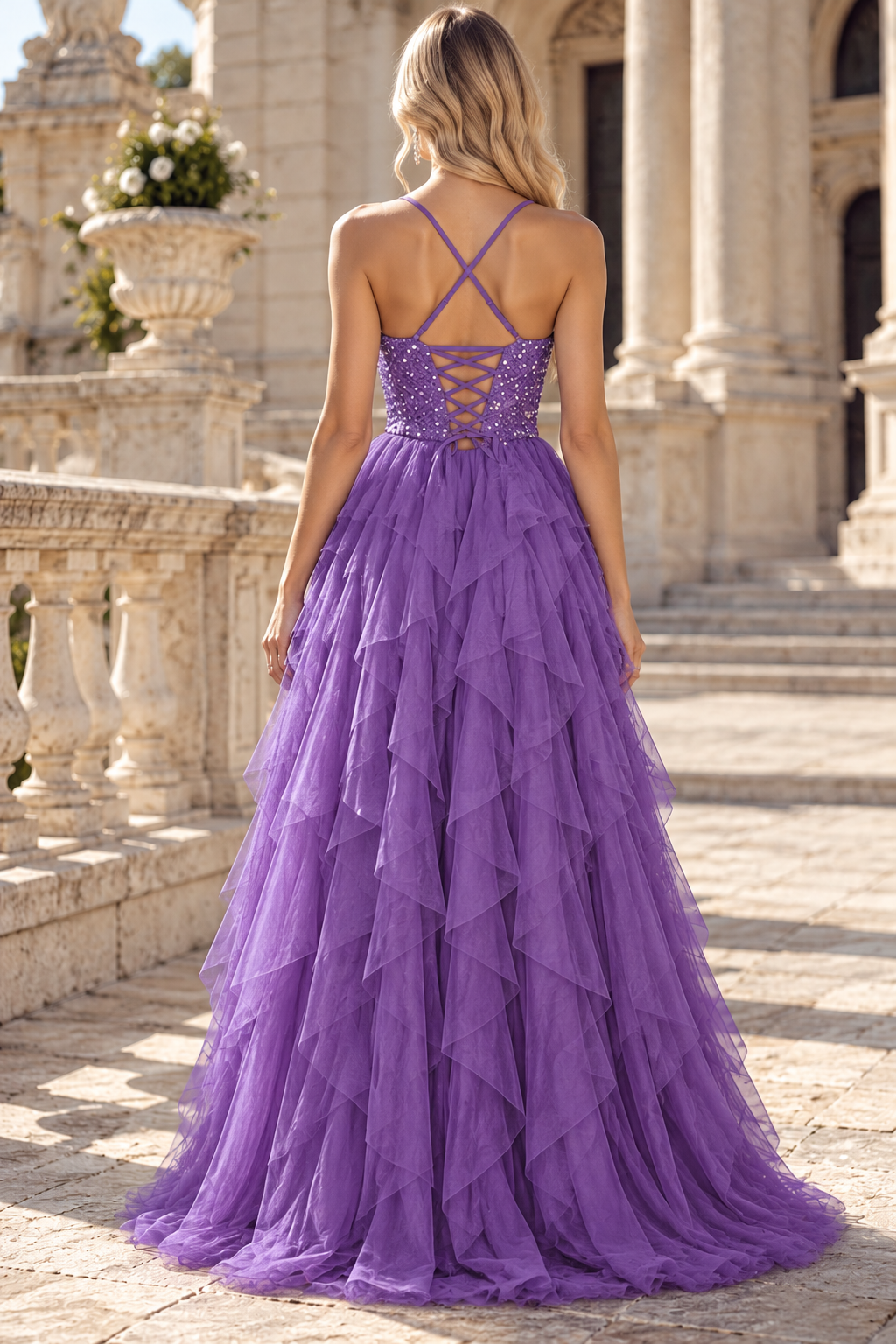 Purple A-Line Spaghetti Straps Sweetheart Ruffles Tulle Prom Dress with Slit