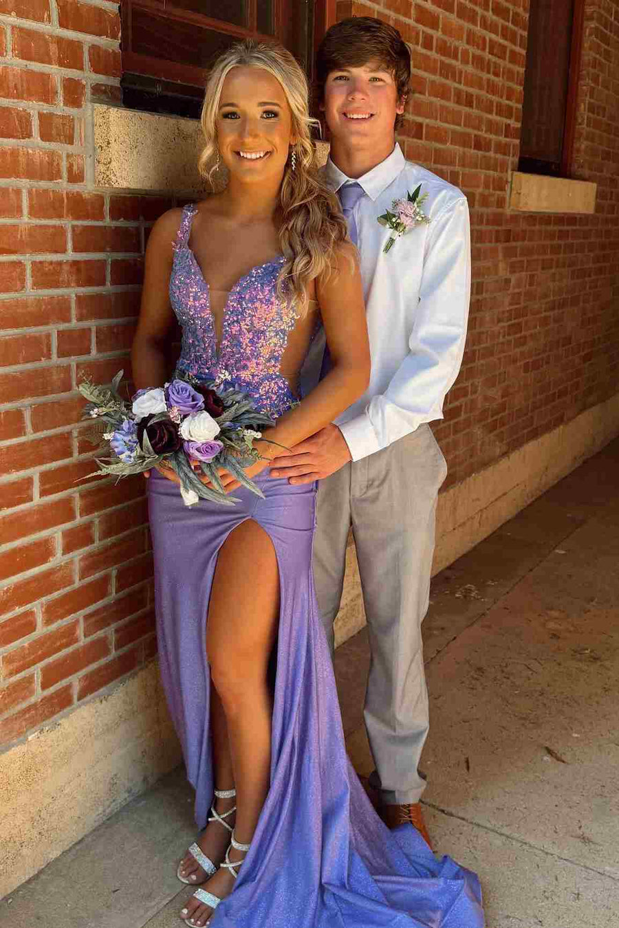 Purple Double Straps V-Neck Sleeveless Appliques Prom Dress with Slit