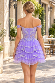 Purple Off-Shoulder A-Line Ruffles Appliques Short Homecoming Dress