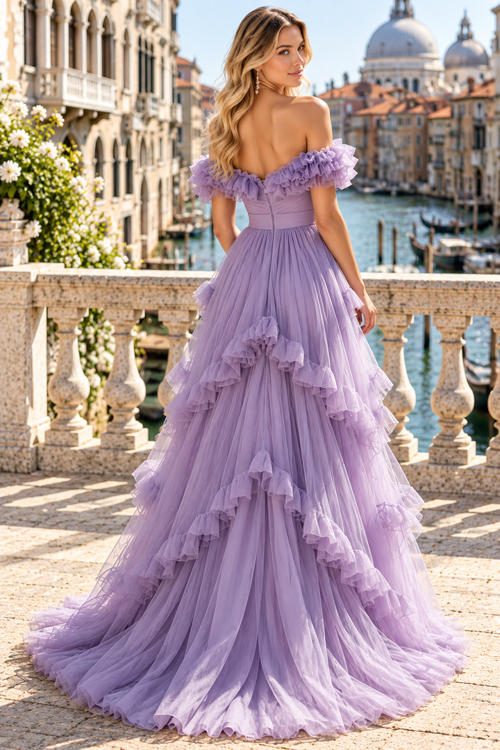 Purple Off-Shoulder A-Line Ruffles Tulle Empire-Waist Prom Dress