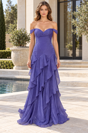 Purple Off-Shoulder A-Line Sweetheart Ruffles Prom Dress