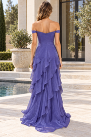 Purple Off-Shoulder A-Line Sweetheart Ruffles Prom Dress