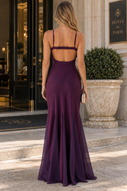 Purple Spaghetti Straps Pleats Sleeveless Long Prom Evening Dress