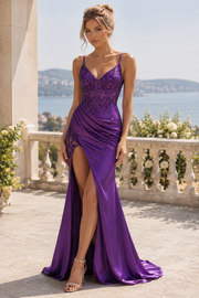 Purple Spaghetti Straps V-Neck Pleats High Slit Prom Dress with Appliques