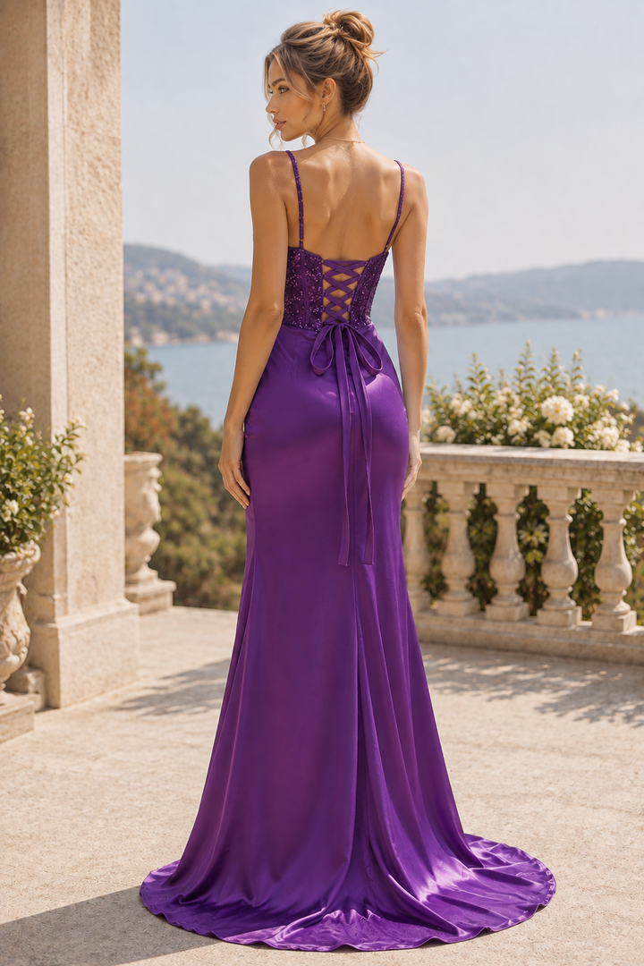 Purple Spaghetti Straps V-Neck Pleats High Slit Prom Dress with Appliques