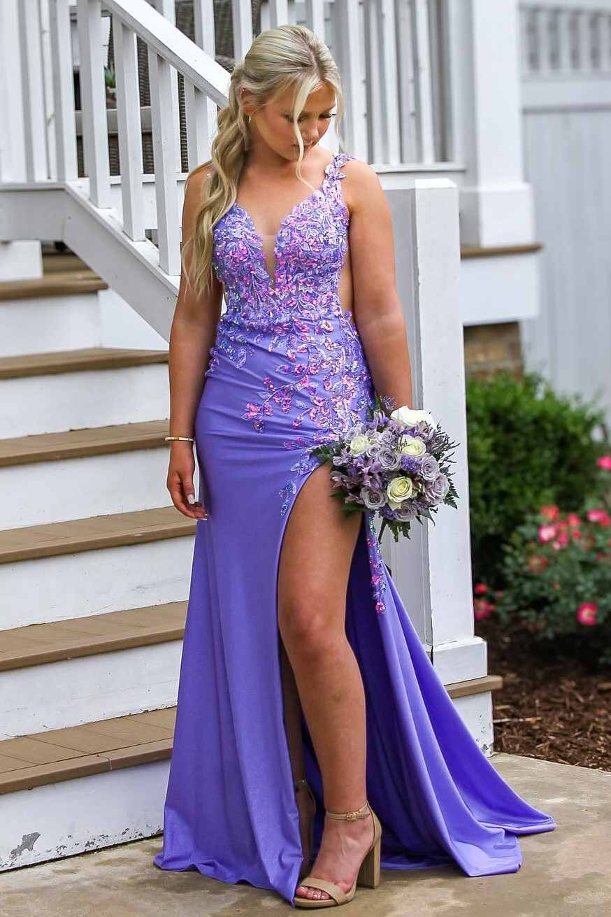 Purple V-Neck Appliques High Slit Mermaid Prom Dress Long