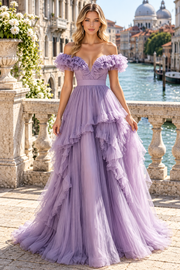 Elevate your prom night in this stunning purple off-shoulder A-line dress. The romantic ruffled tulle design creates an ethereal silhouette, while the empire waist flatters your figure beautifully. Perfect for making a memorable entrance at any formal event.